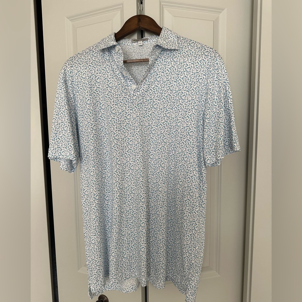 Peter Millar Light Blue and White Printed Polo